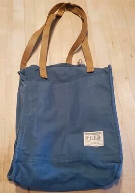 Blue Green FEED Canvas Tote Bag Soft Groceries Shopping Leather Like Straps
